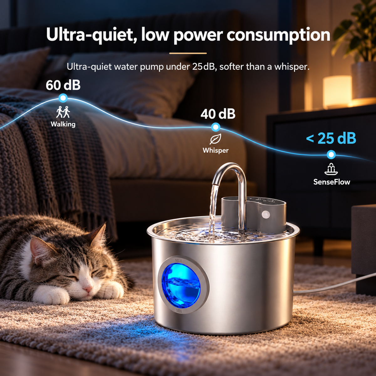 A cat asleep beside the SenseFlow fountain at night