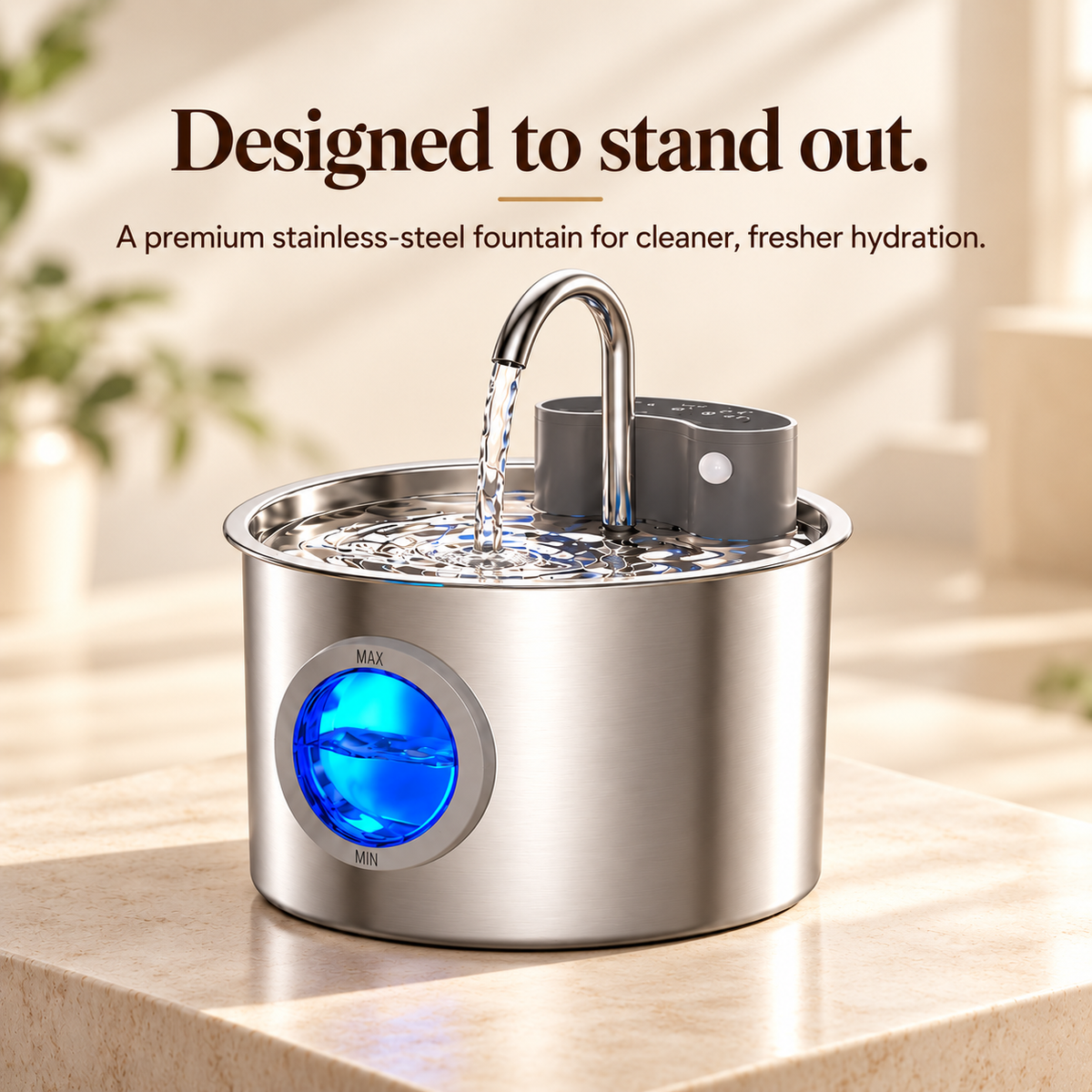 SenseFlow stainless steel cat fountain with a tap-style spout, sensor and water-level window